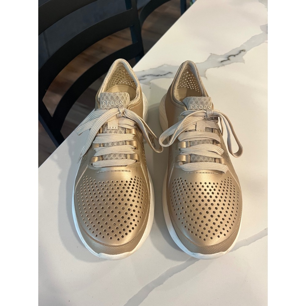 Crocs LiteRide Pacer Gold Metallic Sneakers Women 10 Comfort Lace Up Lightweight